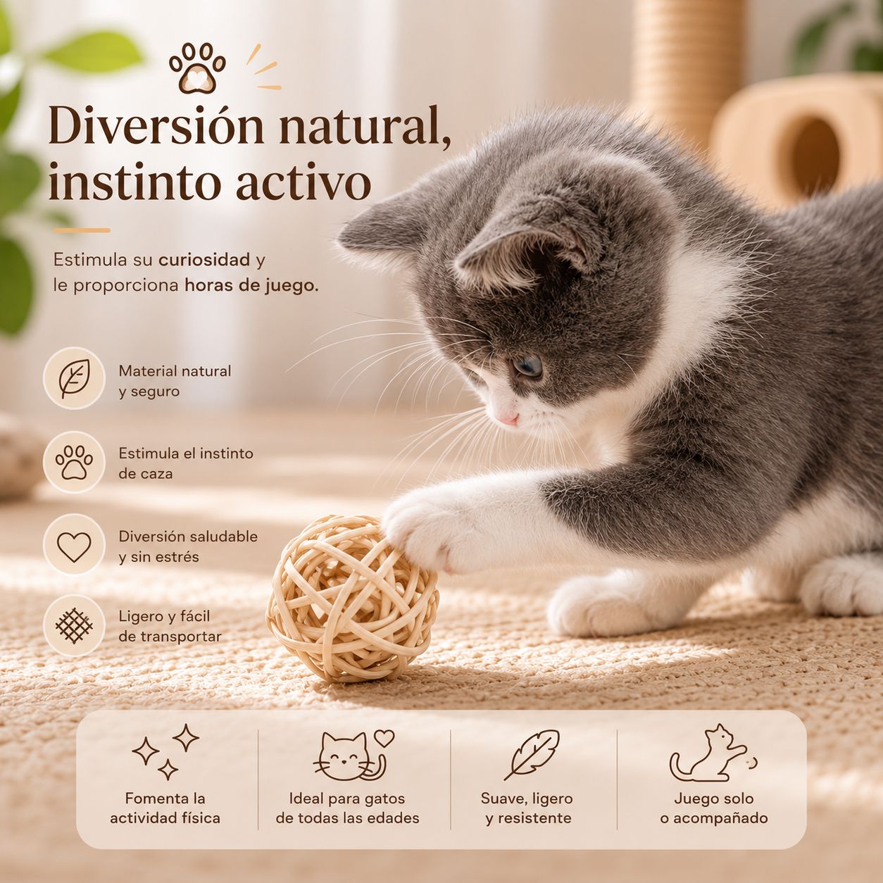 Dúo Instinto Felino – Pelotas Naturales de Ratán con Plumas